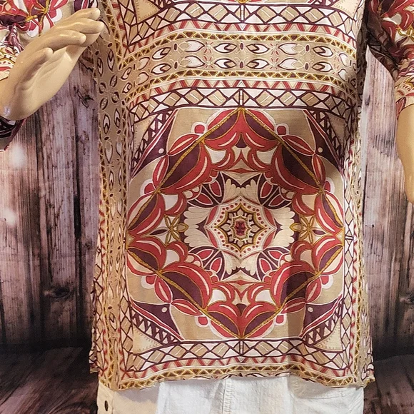 Talbots Women's Long-sleeved Printed V-Neck Silk and Linen Blouse Size 8 - Picture 2 of 10